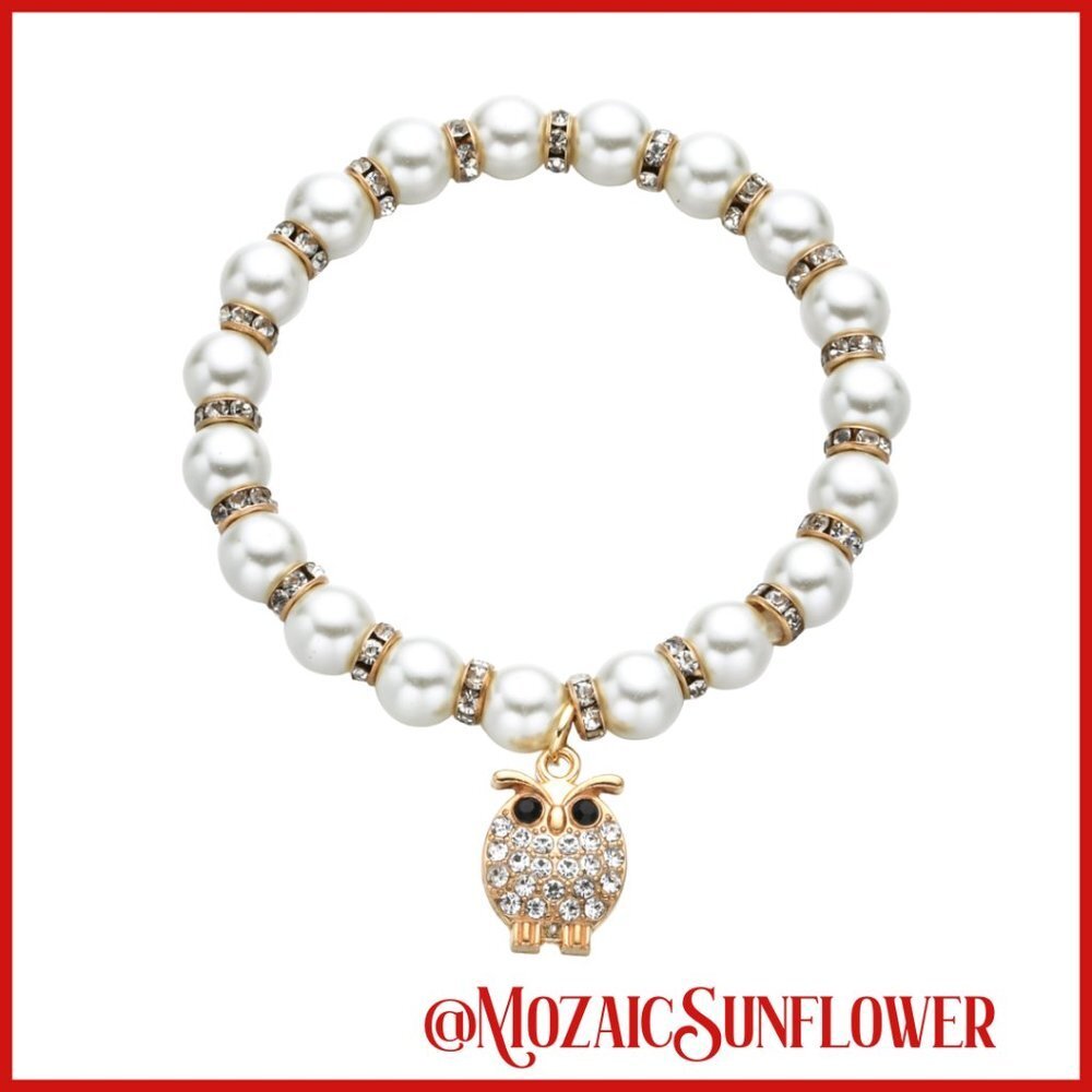 Mother of Pearl Crystal Owl Charm Bracelet